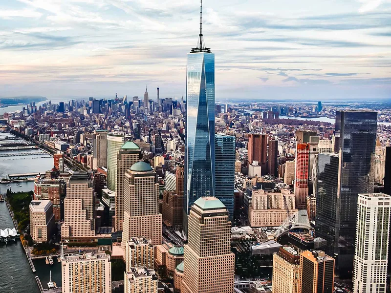 The downtown skyline and harbor seen from One World Observatory in New York