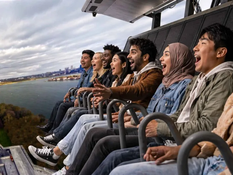The flying-theater ride screen at the RiseNY experience, an immersive museum in New York